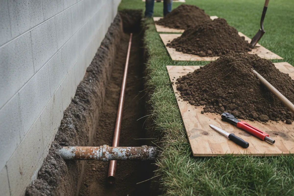 Excavated water line trench during Sewer Line Repair in Ansonville